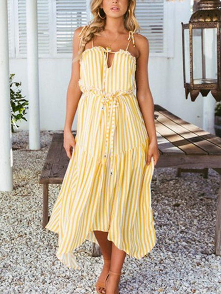 Bohemian Off-The-Shoulder Print Stripe Sling Beach Holiday Chiffon Dress