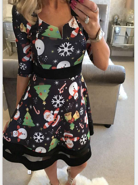 Snowman Christmas Tree Print Mesh Dress