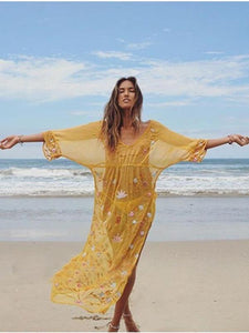 Embroidered V Neck Beach Maxi Dress