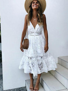 Sexy Deep V Neck Lace Summer White Midi Dress