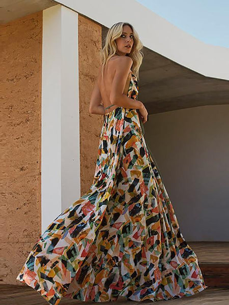 Print Hanging Neck Big Swing Backless Long Dress