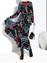 Load image into Gallery viewer, Four Seasons Printing Irregular Round Neck Pullover High Waist Dress