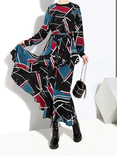 Four Seasons Printing Irregular Round Neck Pullover High Waist Dress