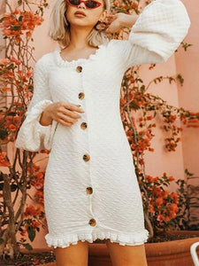 Autumn And Winter  Wooden Ear Lantern Sleeve Single-Breasted Slim Knitted Midi Dress