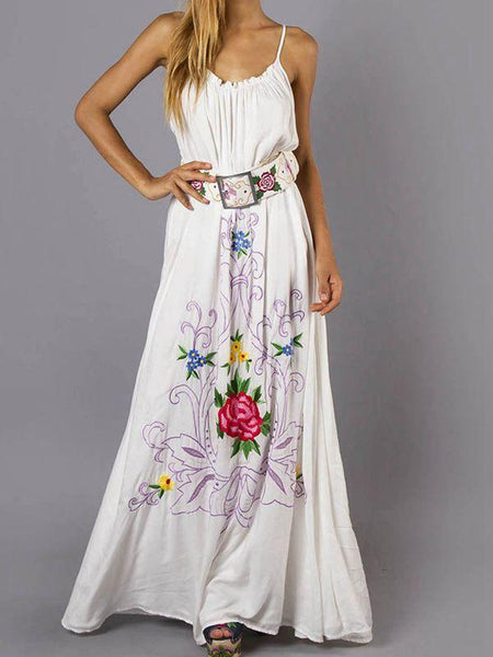 Bohemian Holiday Wind Color Flower Embroidery Strap Sexy Dress