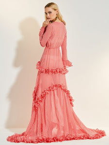 New Arrival Ankle Length  lace deep V-neck dress dragging evening dress