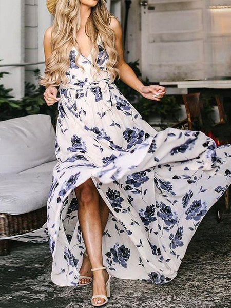 Bohemian Ink Print Irregular Belt Sleeveless V-Neck Long Dress
