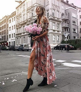 Flower Print Off Shoulder Split Dress
