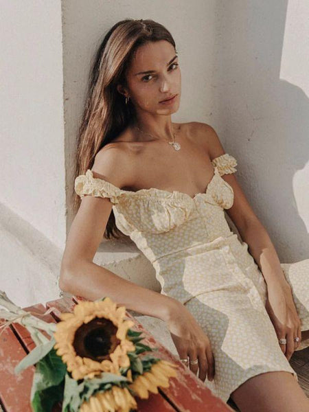 Elegant Sexy Strapless Polka Dot Print Puff Sleeve Dress