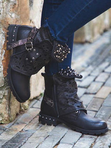 Women Rivet Square Heel Boots