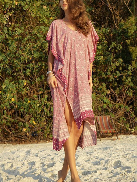 Casual Boho Bat Sleeve V Neck Summer Beach Midi Dress
