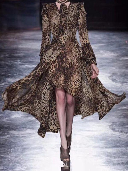 Irregular Leopard-Print Chiffon V-Neck Lace-Up Dress