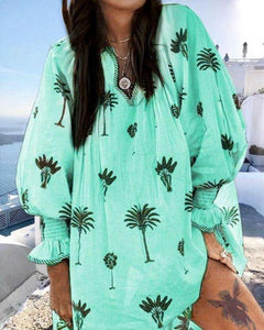 Five-Color V-Neck Large Size Printed Lantern Long-Sleeved Dress