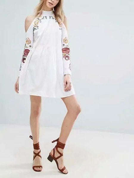 Vacation Round Neck Strapless Flower Embroidered Dress