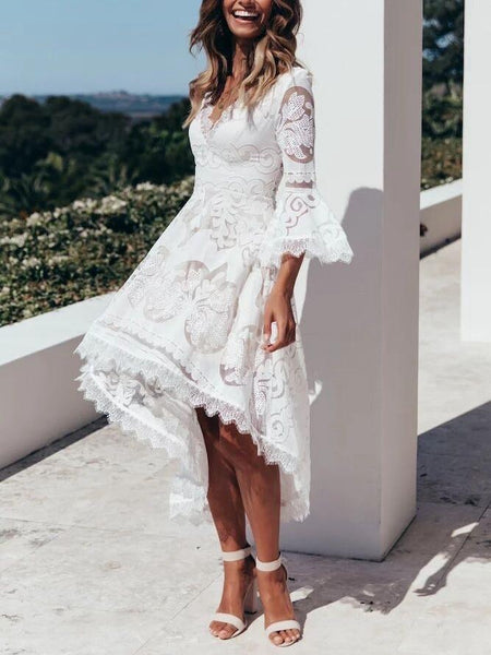 Women Deep-V Lace Bell Sleeve Dress