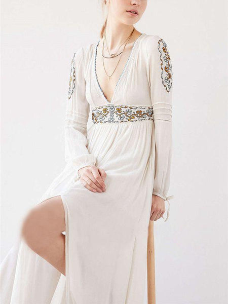 Bohemian Long Sleeve Embroidery Split Long Dress