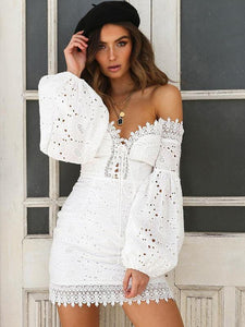 Off Shoulder Long Sleeve Lace Mini Dress