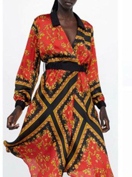 Autumn Long Sleeve Print V-Neck Elastic Waist Split Dress