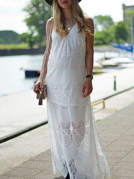 Summer Lace V-Neck Stitching Sling Sexy Backless Beach Dress