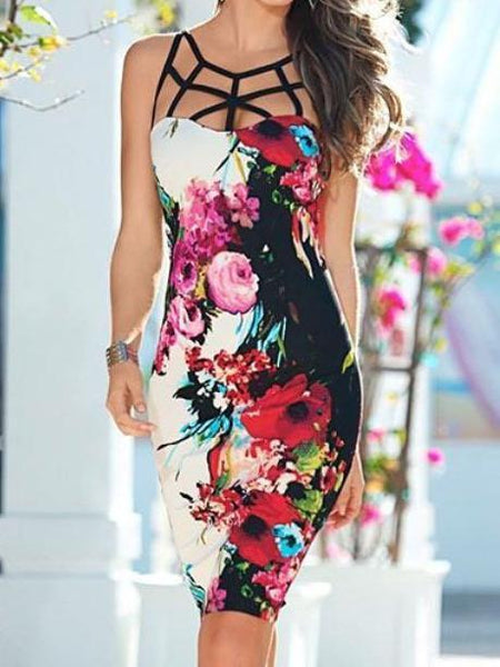 Floral Print Sleeveless Bodycon Dress