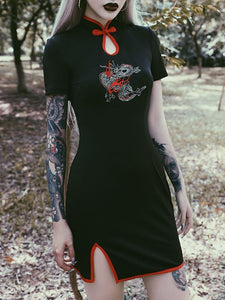 Halloween Women Gothic Punk Cheongsam Embroidery Bodycon Vintage Split Mini Dress
