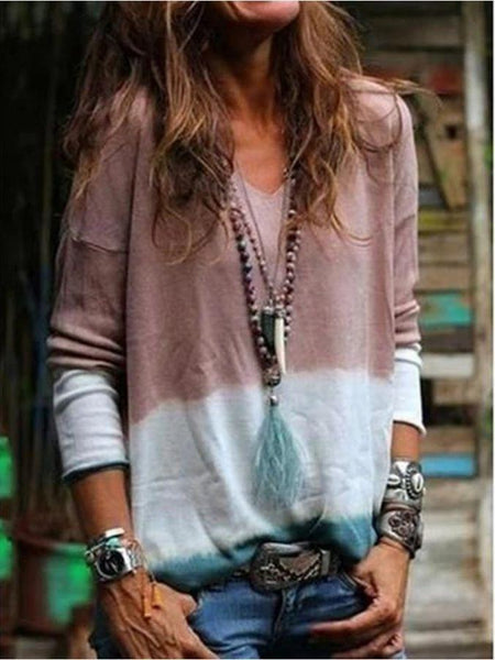 V-collar Collage Tie Long-sleeved Casual Blouse T-shirt
