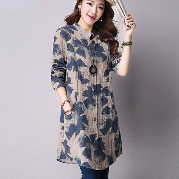 Spring New Fashion Floral Print Cotton Linen Blouses Casual Long Sleeve Shirt Women  Top With Pockets