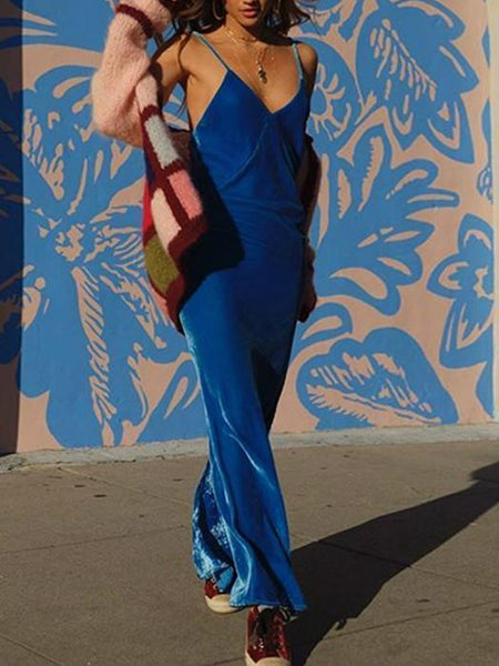 Velvet Split-side Spaghetti-neck Maxi Dress