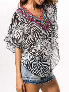 Fashion Black Stripe V Neck Shawl Cover-up Tops