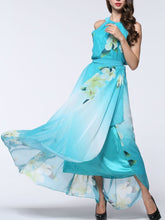 Load image into Gallery viewer, Pretty Sky Blue Floral Plus Size Sleeveless Halter Maxi Dress