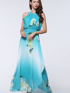 Pretty Sky Blue Floral Plus Size Sleeveless Halter Maxi Dress