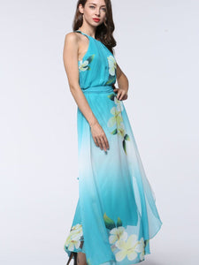 Pretty Sky Blue Floral Plus Size Sleeveless Halter Maxi Dress