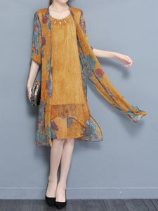 Vintage Chiffon Women Two Pieces Set Half Sleeve Print Dresses