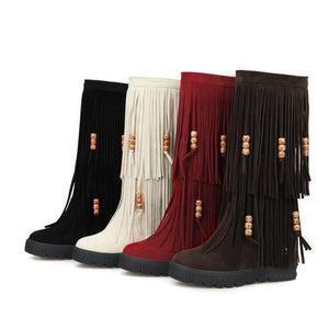 Women Boho Winter Tassel Warm Hidden Heel Long Boots