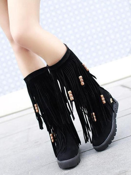 Women Boho Winter Tassel Warm Hidden Heel Long Boots