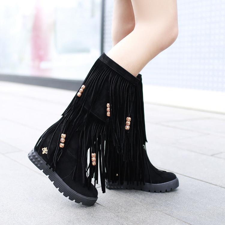 Women Boho Winter Tassel Warm Hidden Heel Long Boots