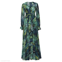 Load image into Gallery viewer, Lantern Sleeve V Collar Leaf Print Dress