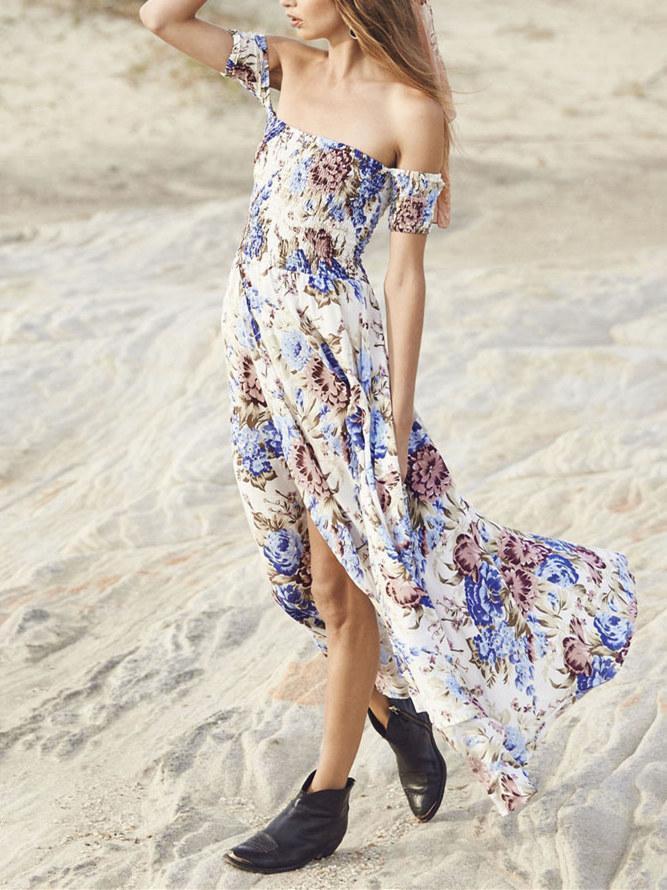 Bohemia Floral-Printed Off-the-shoulder Split-side Maxi Dress