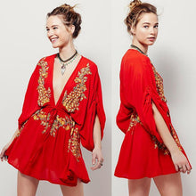 Load image into Gallery viewer, Embroidered Deep V-neck Long Sleeve Mini Dress