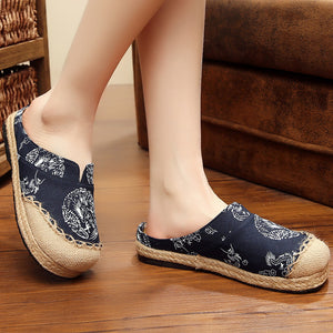 National style flax shoes round head dragon totem handmade cotton and linen stitching couples shoes