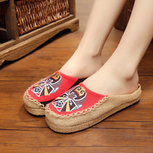 Load image into Gallery viewer, Beijing Opera facial makeup embroidered head shoes handmade cloth shoes embroidered linen grass literary shoes