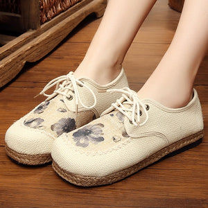 Cotton and Linen Lace-up Cloth Shoes Breathable and Comfortable Women's Cloth Shoes Pastoral Wind Floral Linen Shoes