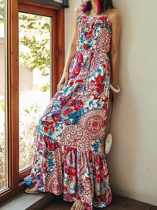 Ethnic Style Summer Bohemian Holiday Thailand Beach Spaghetti-strap Long Dress