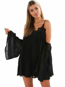 Street shot off shoulder strap pleated stitching lace A-line slim European and American dress