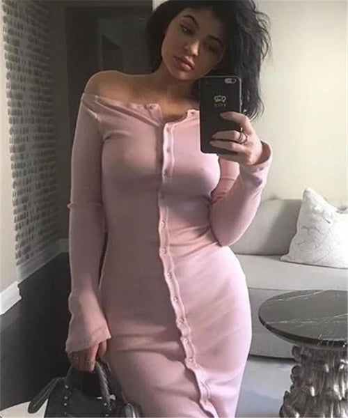 Knit Long Sleeve Buttons Bodycon Dress