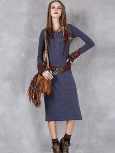 Solid Color Round Neck Knit Vintage Slim Stitching Long Sleeve Dress