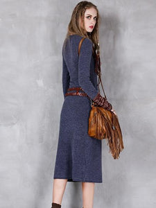 Solid Color Round Neck Knit Vintage Slim Stitching Long Sleeve Dress