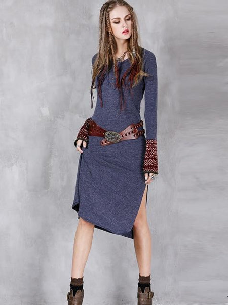 Solid Color Round Neck Knit Vintage Slim Stitching Long Sleeve Dress