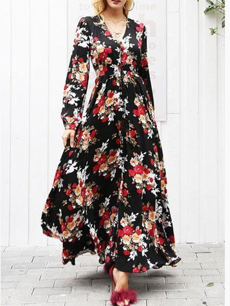 Bohemia Long-sleeve Split-Side Floral Maxi Dress