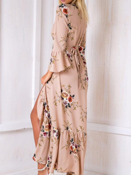 Floral-Print Long Sleeves Bohemia Maxi Dress